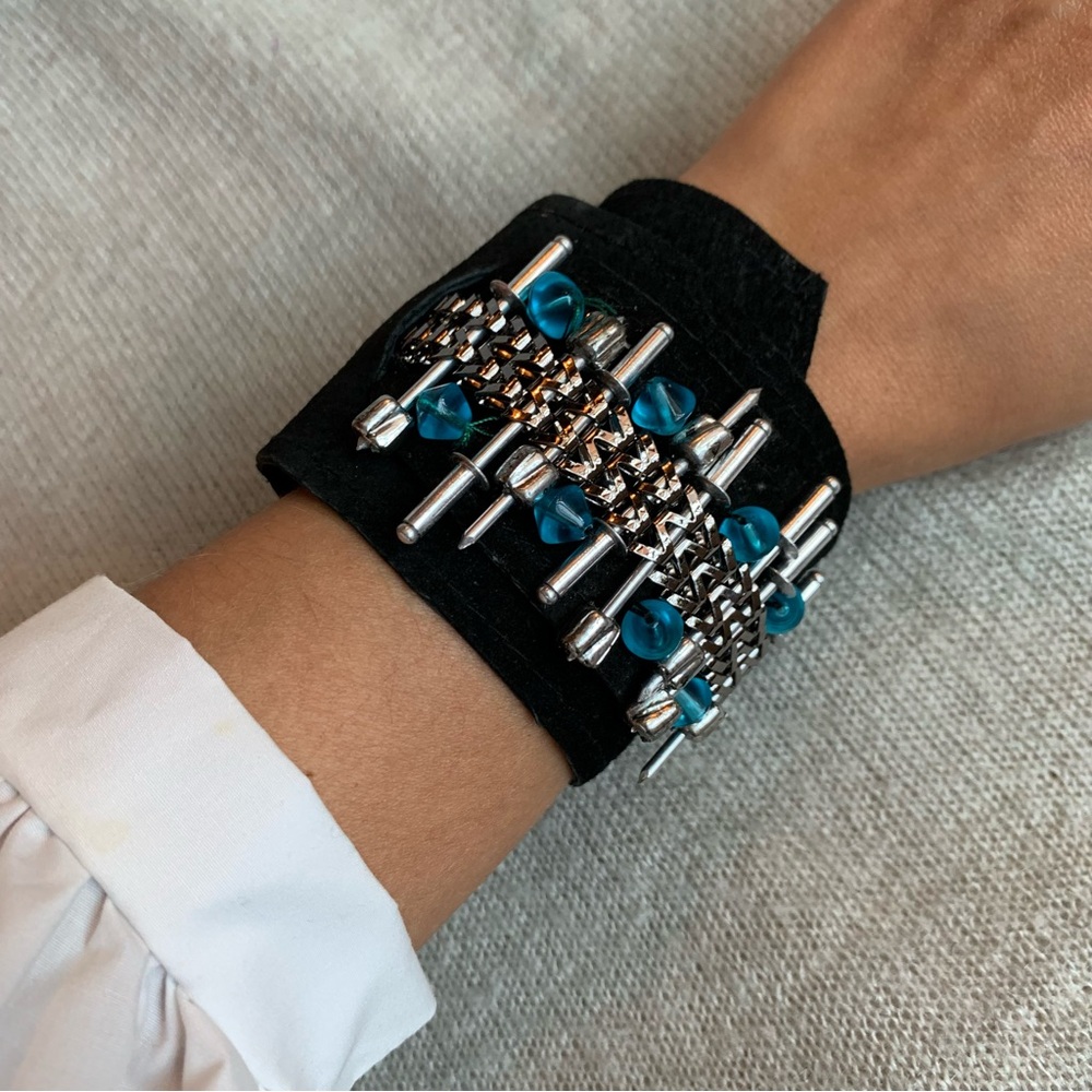 Hand crafted - Black Leather Cuff aqua blue bead metal pieces ajustable bracelet